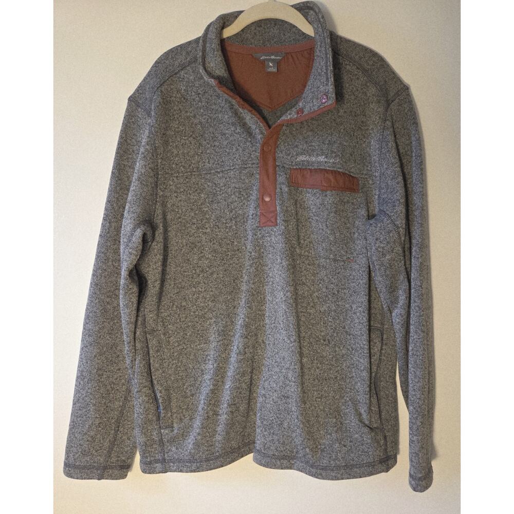 Eddie Bauer Mens L Pullover Fleece 1/4 Snap Gray & Rust Zip Pockets Gorpcore
